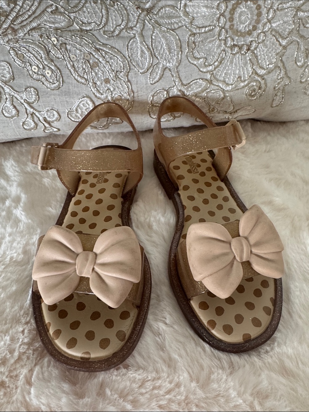 Mini Melissa Girls' Bow Sandals in Nude Gold/Beige with Glitter Straps